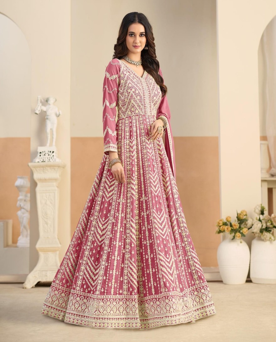 PINK - Embroidered Work Faux Georgette Anarkali Suit In Pink Colour