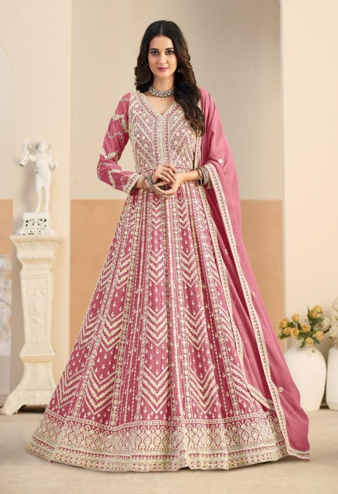 Embroidered Work Faux Georgette Anarkali Suit In Pink Colour