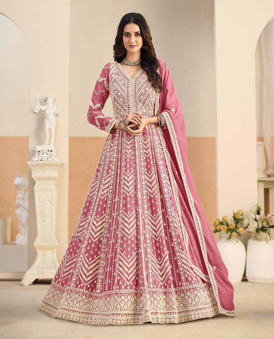 PINK - Embroidered Work Faux Georgette Anarkali Suit In Pink Colour