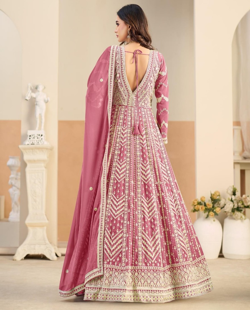 PINK - Embroidered Work Faux Georgette Anarkali Suit In Pink Colour