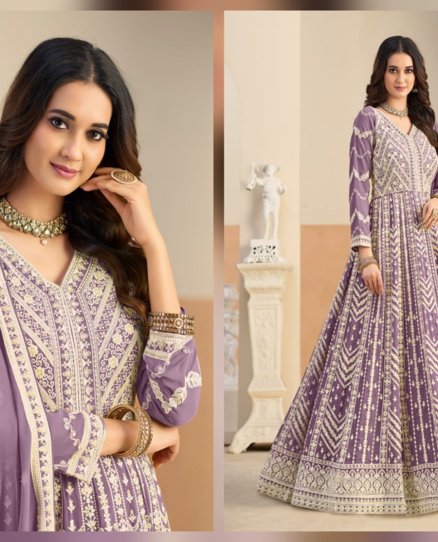 PURPLE - Lavender Faux Georgette Salwar Suit with Embroidered Work for Ceremonial