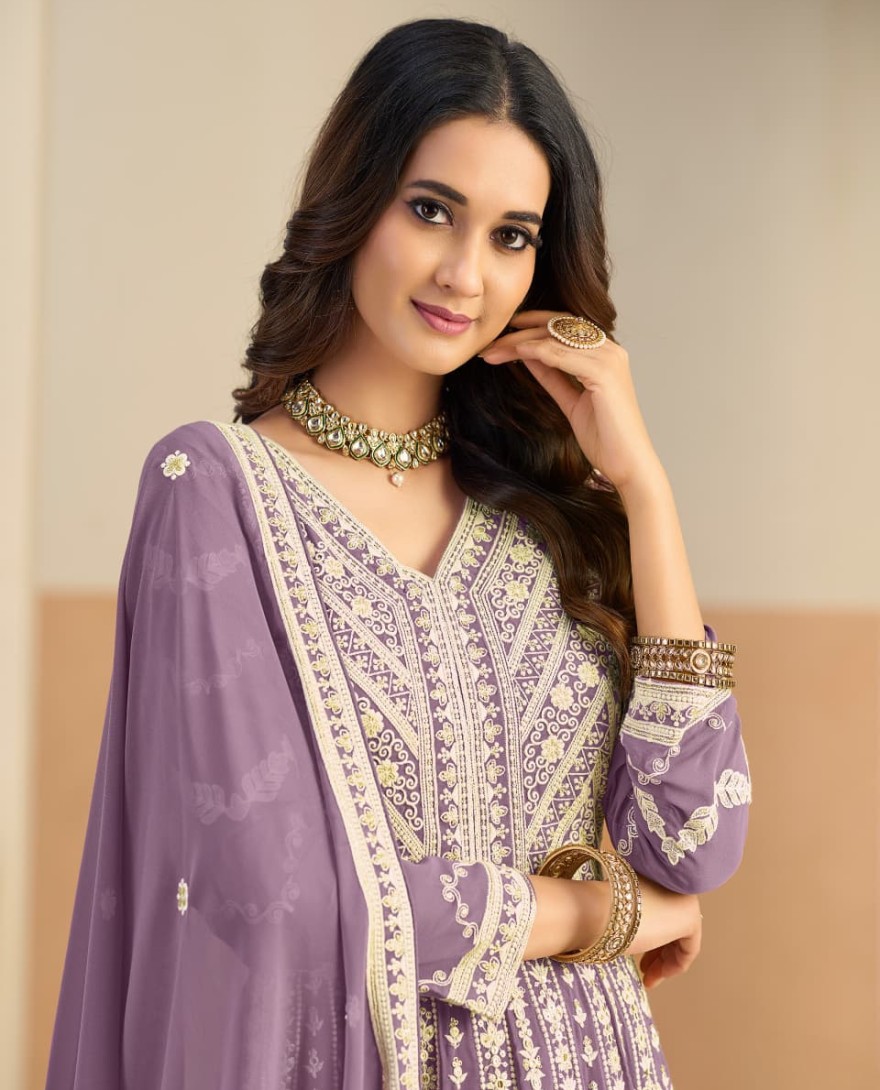 PURPLE - Lavender Faux Georgette Salwar Suit with Embroidered Work for Ceremonial