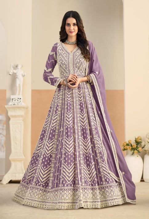 Lavender Faux Georgette Salwar Suit with Embroidered Work for Ceremonial