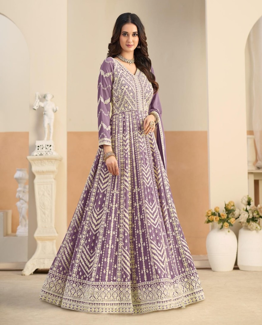 PURPLE - Lavender Faux Georgette Salwar Suit with Embroidered Work for Ceremonial