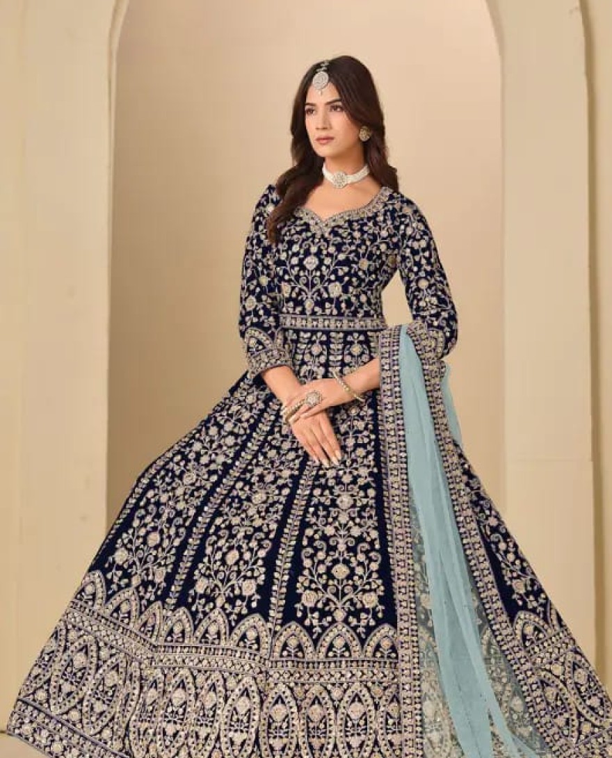 BLUE - Navy Blue Embroidered Velvet Anarkali Dress for Festival