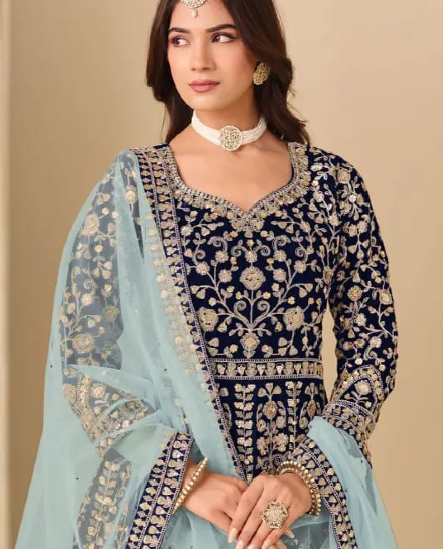 BLUE - Navy Blue Embroidered Velvet Anarkali Dress for Festival