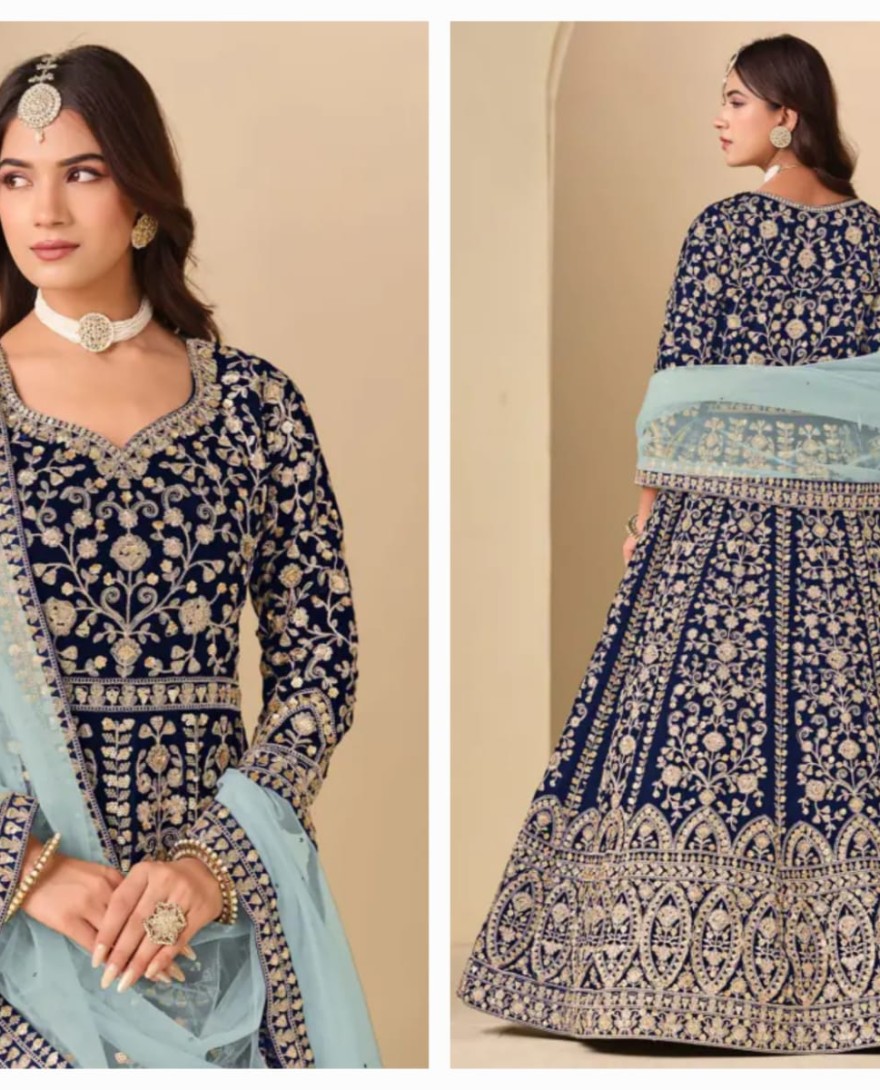 BLUE - Navy Blue Embroidered Velvet Anarkali Dress for Festival