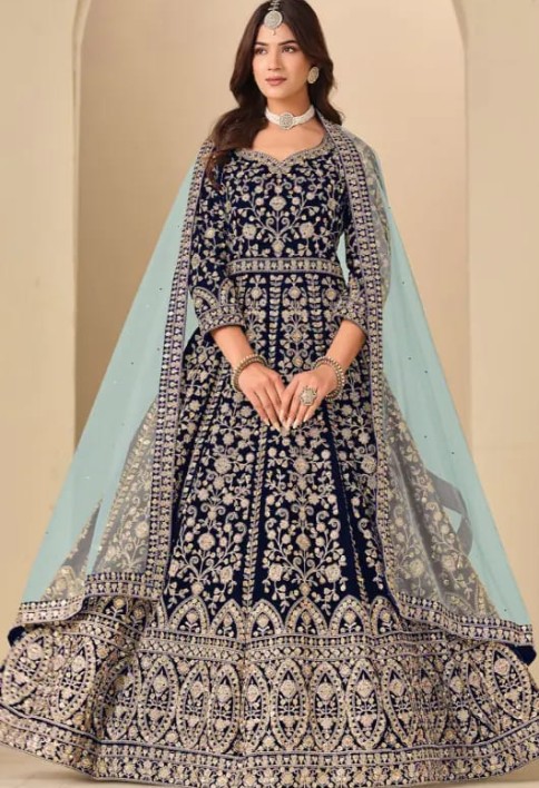 Navy Blue Embroidered Velvet Anarkali Dress for Festival