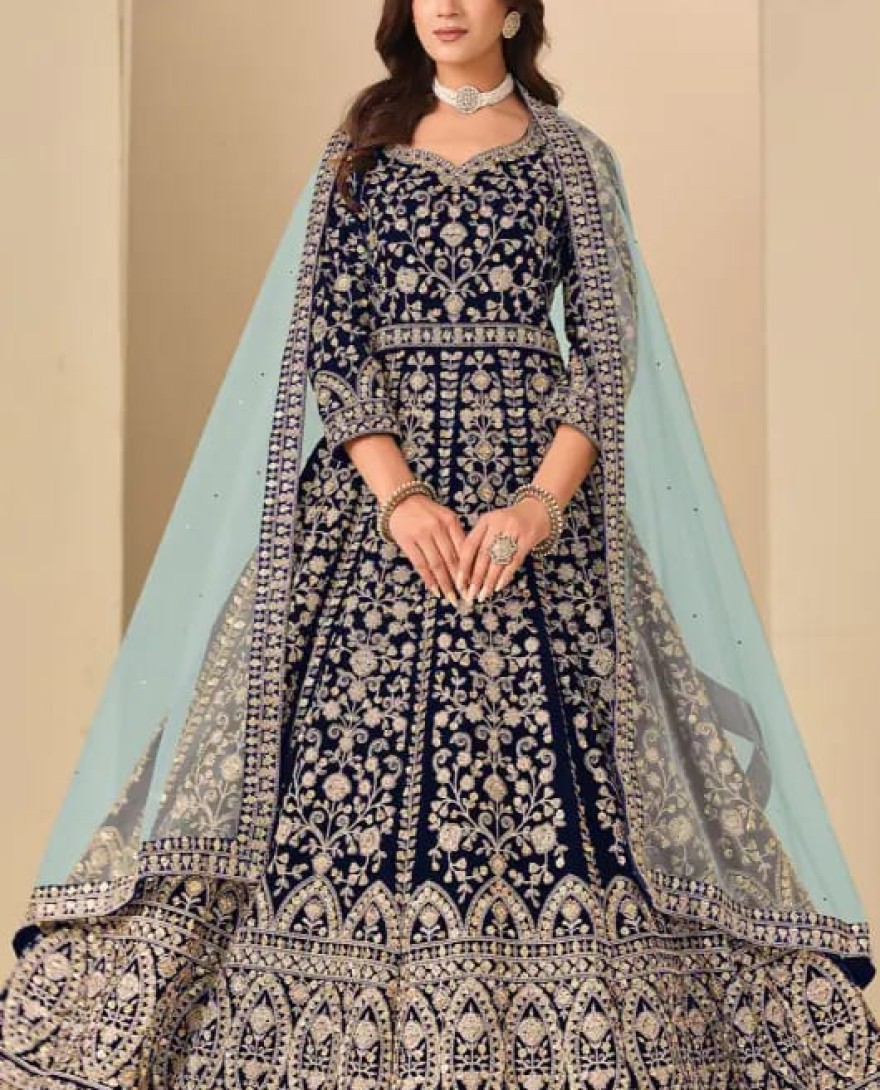 BLUE - Navy Blue Embroidered Velvet Anarkali Dress for Festival