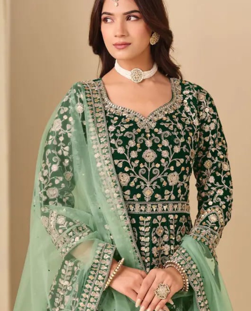 GREEN - Forest Green Embroidered Velvet Anarkali Dress for Festival