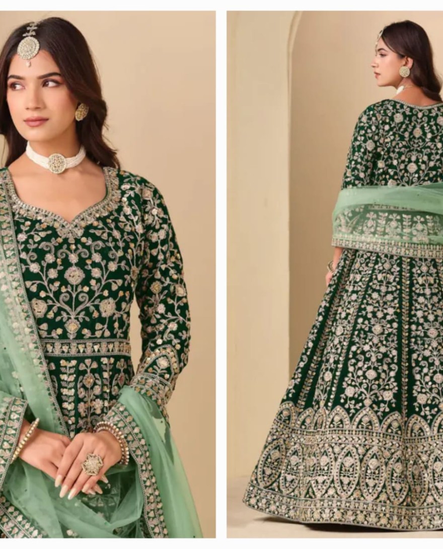 GREEN - Forest Green Embroidered Velvet Anarkali Dress for Festival