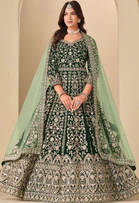 Forest Green Embroidered Velvet Anarkali Dress for Festival