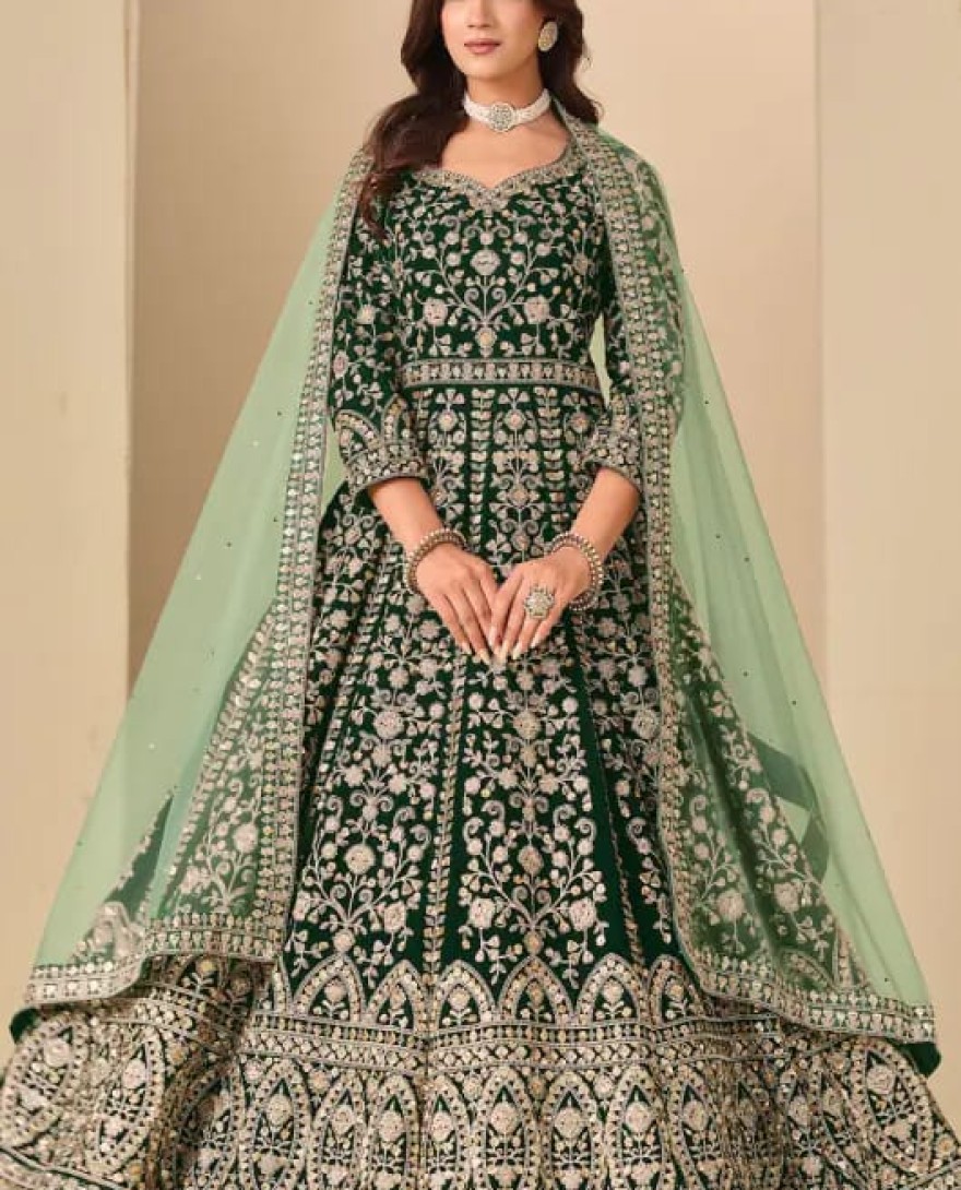 GREEN - Forest Green Embroidered Velvet Anarkali Dress for Festival