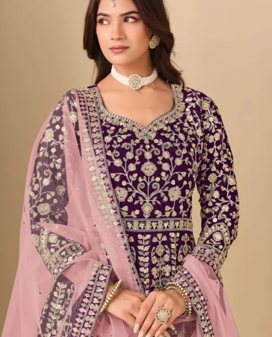 WINE - Wine Embroidered Velvet Anarkali Dress for Festival