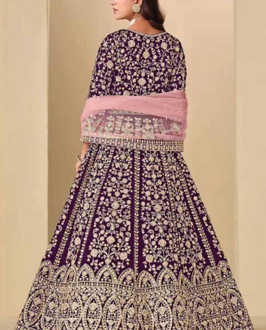 WINE - Wine Embroidered Velvet Anarkali Dress for Festival