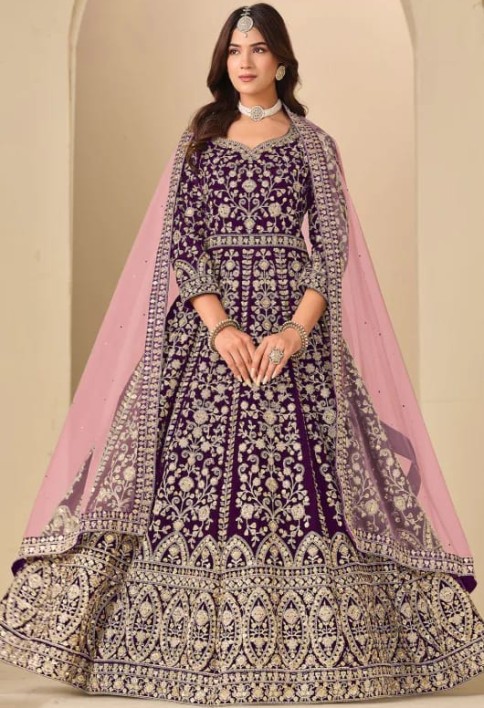 Wine Embroidered Velvet Anarkali Dress for Festival