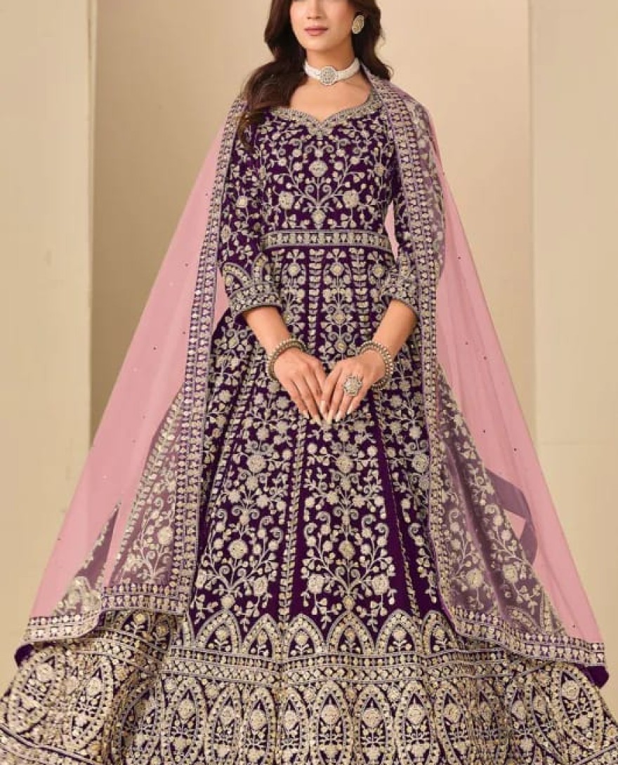 WINE - Wine Embroidered Velvet Anarkali Dress for Festival