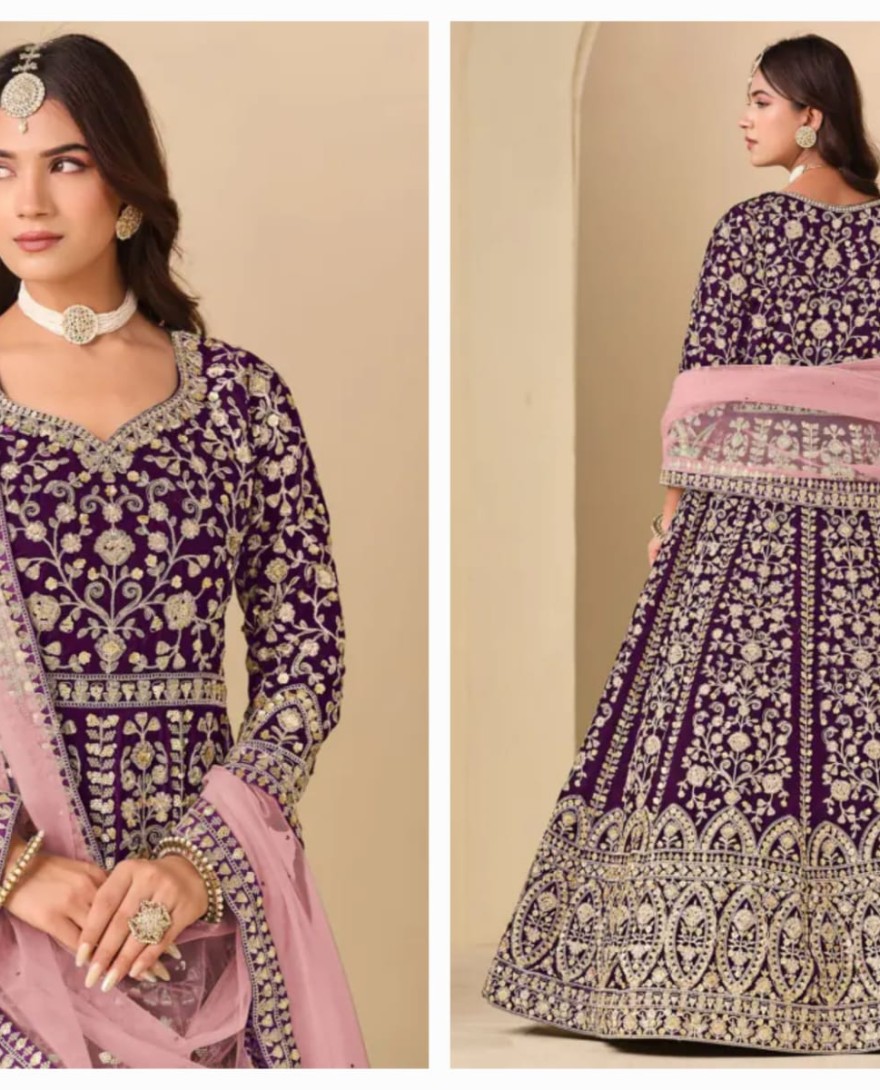 WINE - Wine Embroidered Velvet Anarkali Dress for Festival