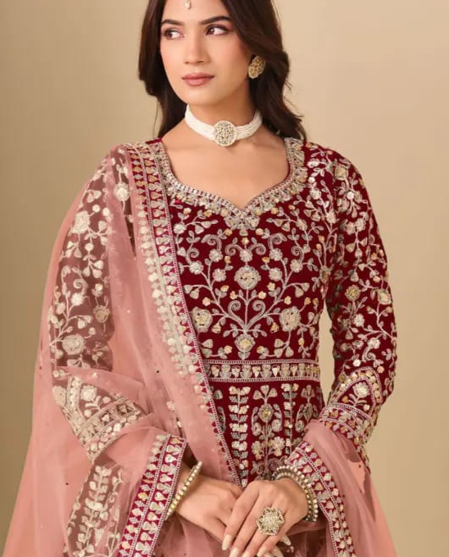 MAROON - Maroon Embroidered Velvet Anarkali Dress for Festival