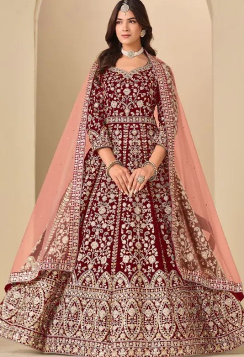 Maroon Embroidered Velvet Anarkali Dress for Festival