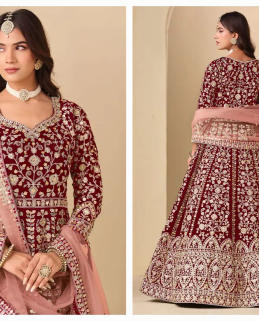 MAROON - Maroon Embroidered Velvet Anarkali Dress for Festival