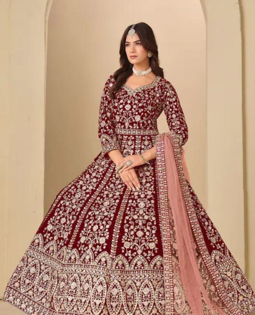 MAROON - Maroon Embroidered Velvet Anarkali Dress for Festival