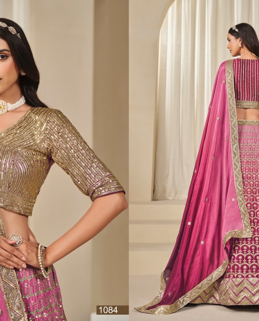 1084-pink - Chinon Trendy Lehenga Choli in Rose Pink with Embroidered Work for Women