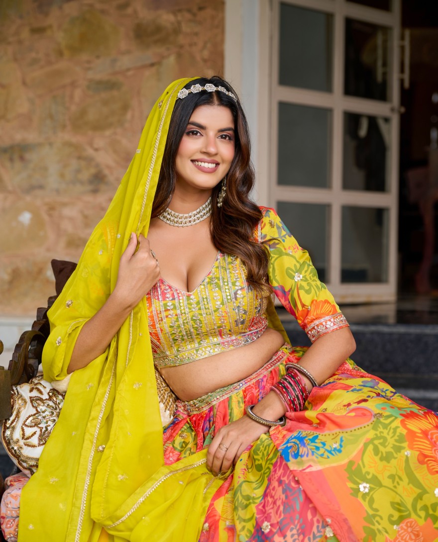 YELLOW - Multicolor Silk Heavy Digital Printed Lehenga Choli Set