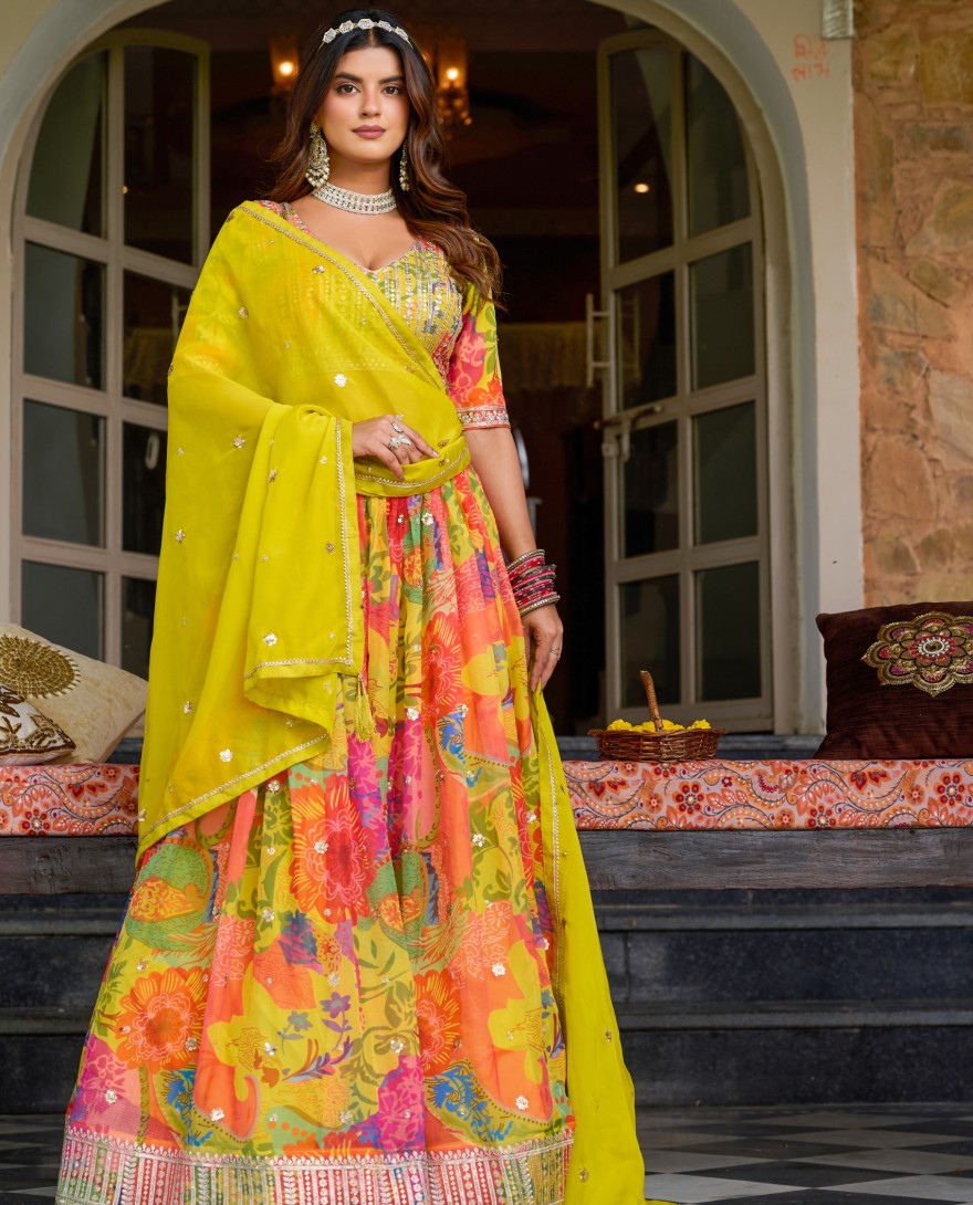 YELLOW - Multicolor Silk Heavy Digital Printed Lehenga Choli Set