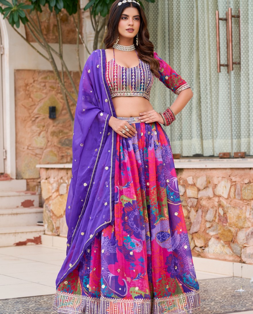 PURPLE - Multicolor Silk Heavy Digital Printed Lehenga Choli Set
