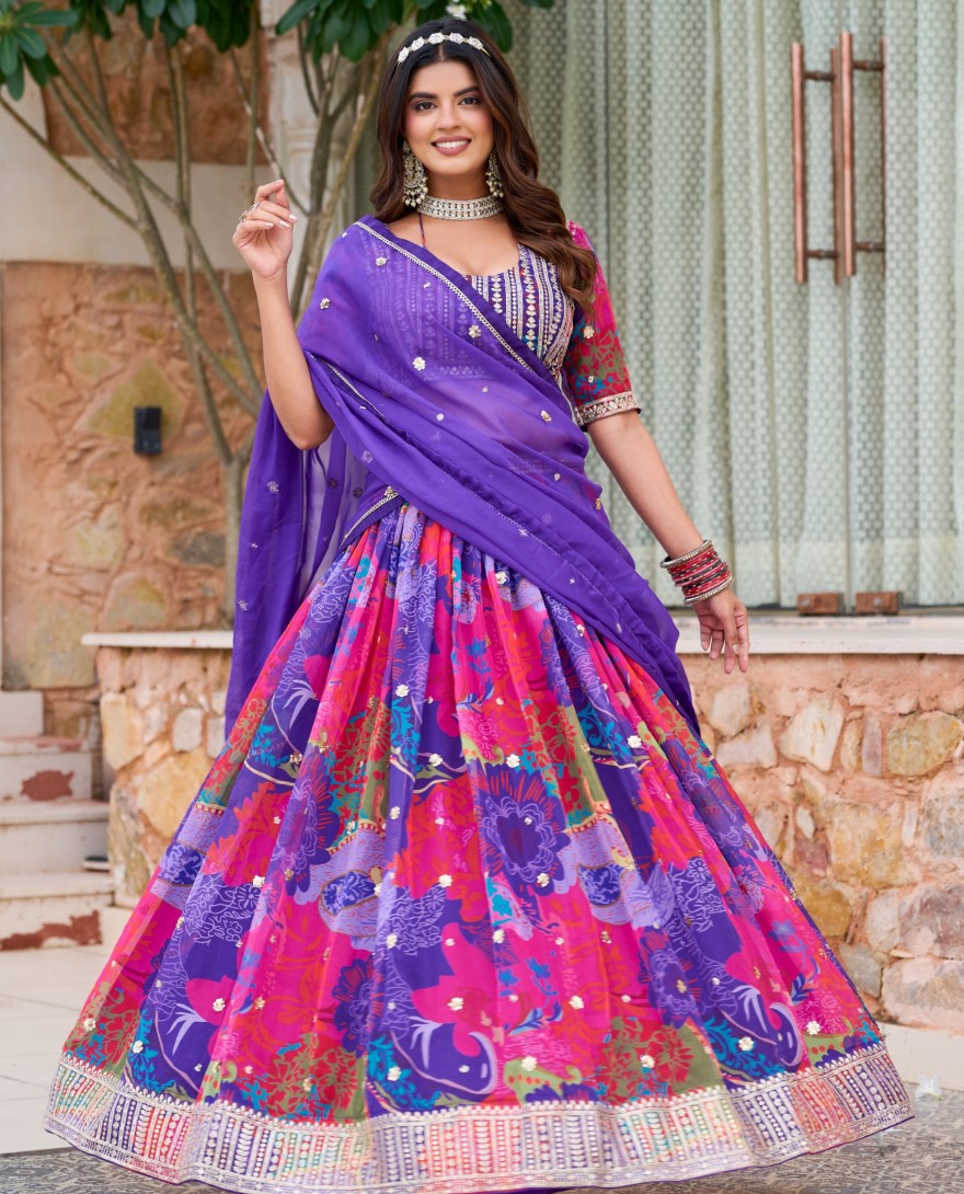 PURPLE - Multicolor Silk Heavy Digital Printed Lehenga Choli Set