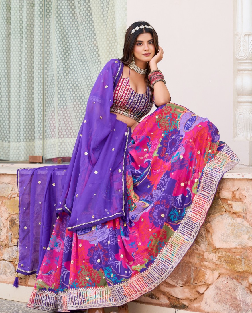 PURPLE - Multicolor Silk Heavy Digital Printed Lehenga Choli Set