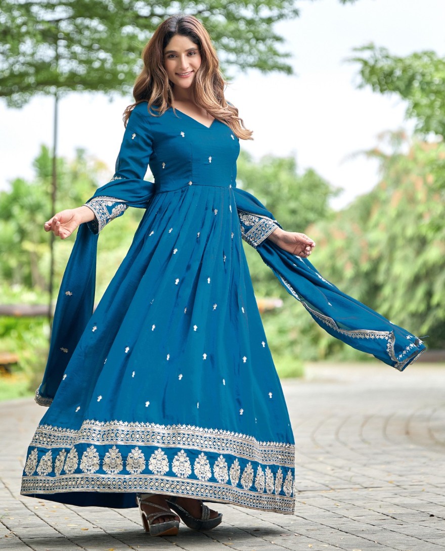BLUE - Teal Art Silk Gown with Embroidered Work