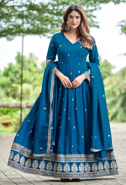 Teal Art Silk Gown with Embroidered Work