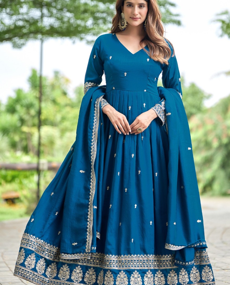 BLUE - Teal Art Silk Gown with Embroidered Work
