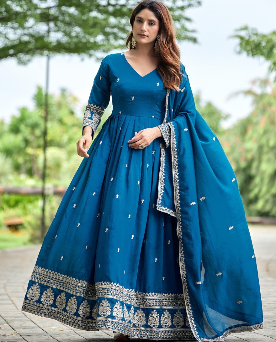 BLUE - Teal Art Silk Gown with Embroidered Work