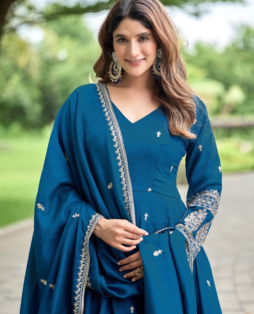 BLUE - Teal Art Silk Gown with Embroidered Work
