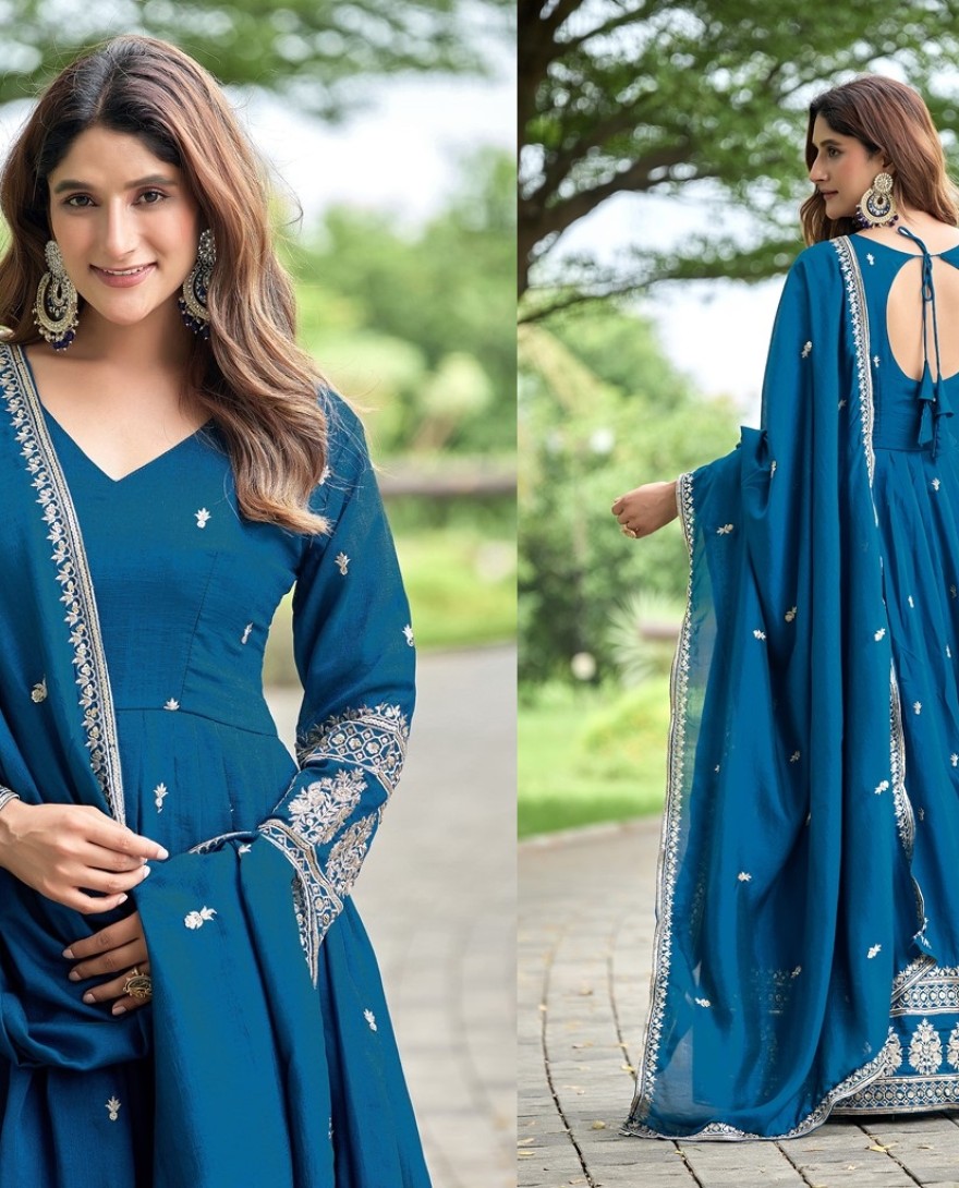 BLUE - Teal Art Silk Gown with Embroidered Work