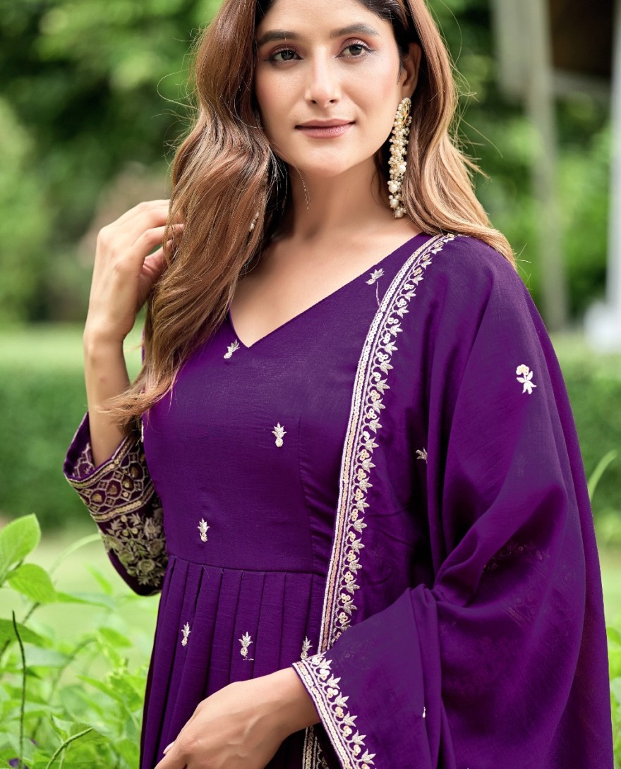 PURPLE - Purple Art Silk gown with Embroidered Work