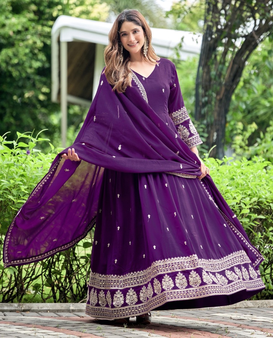 PURPLE - Purple Art Silk gown with Embroidered Work