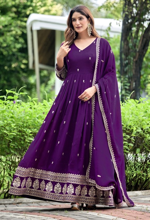 Purple Art Silk gown with Embroidered Work