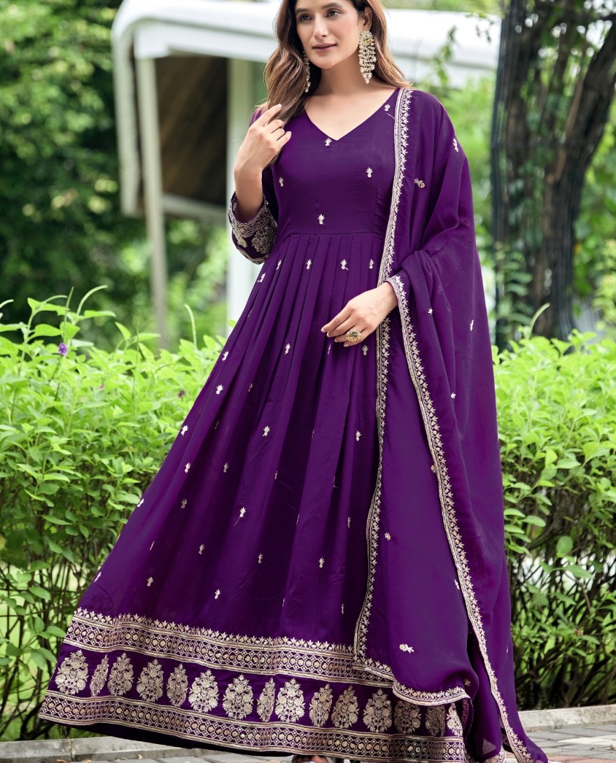 PURPLE - Purple Art Silk gown with Embroidered Work