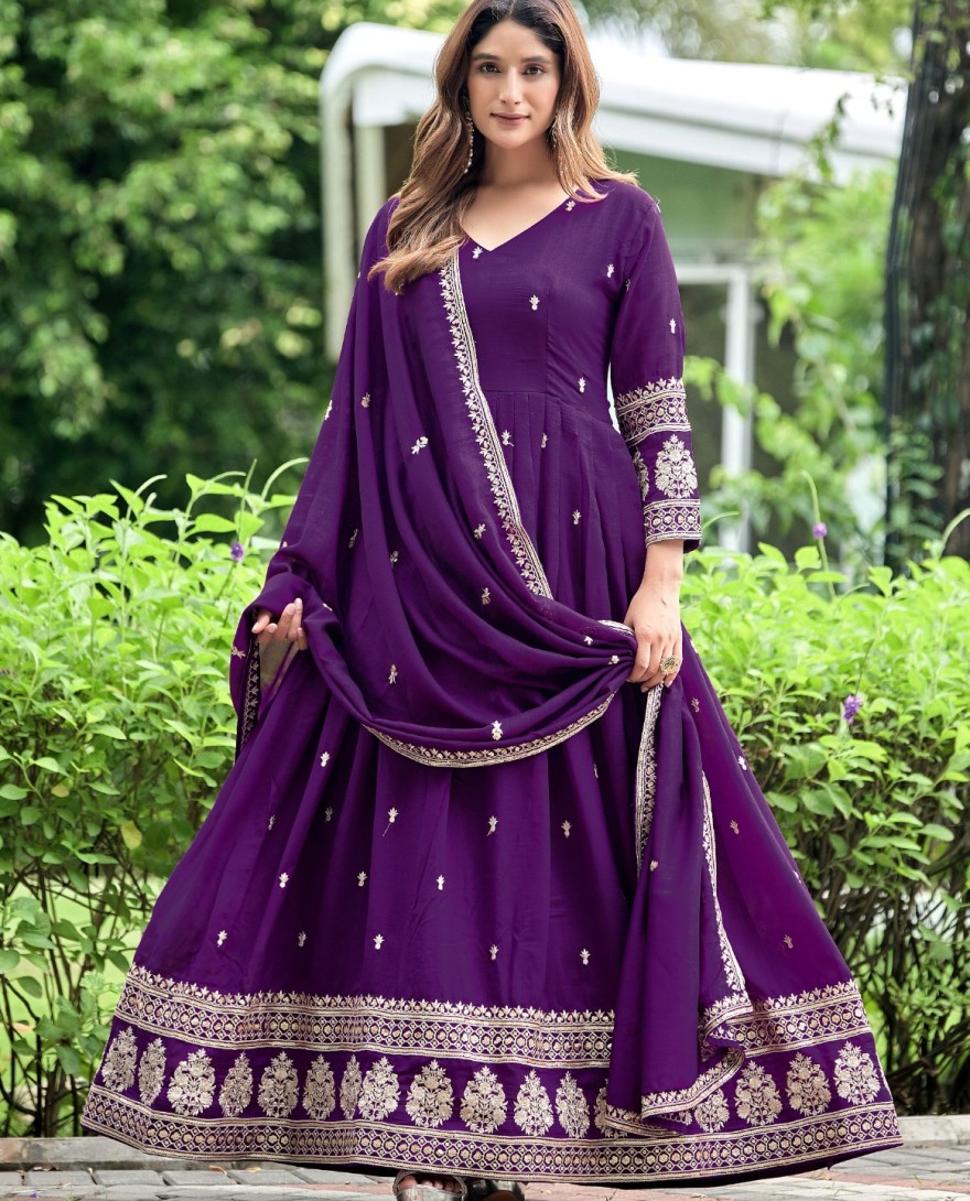 PURPLE - Purple Art Silk gown with Embroidered Work