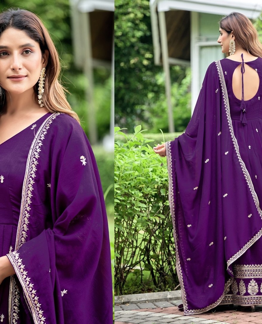 PURPLE - Purple Art Silk gown with Embroidered Work