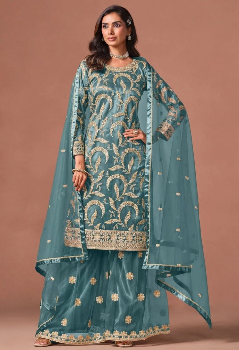 Turquoise Net Embroidered, Sequins and Zari Work Salwar Suit