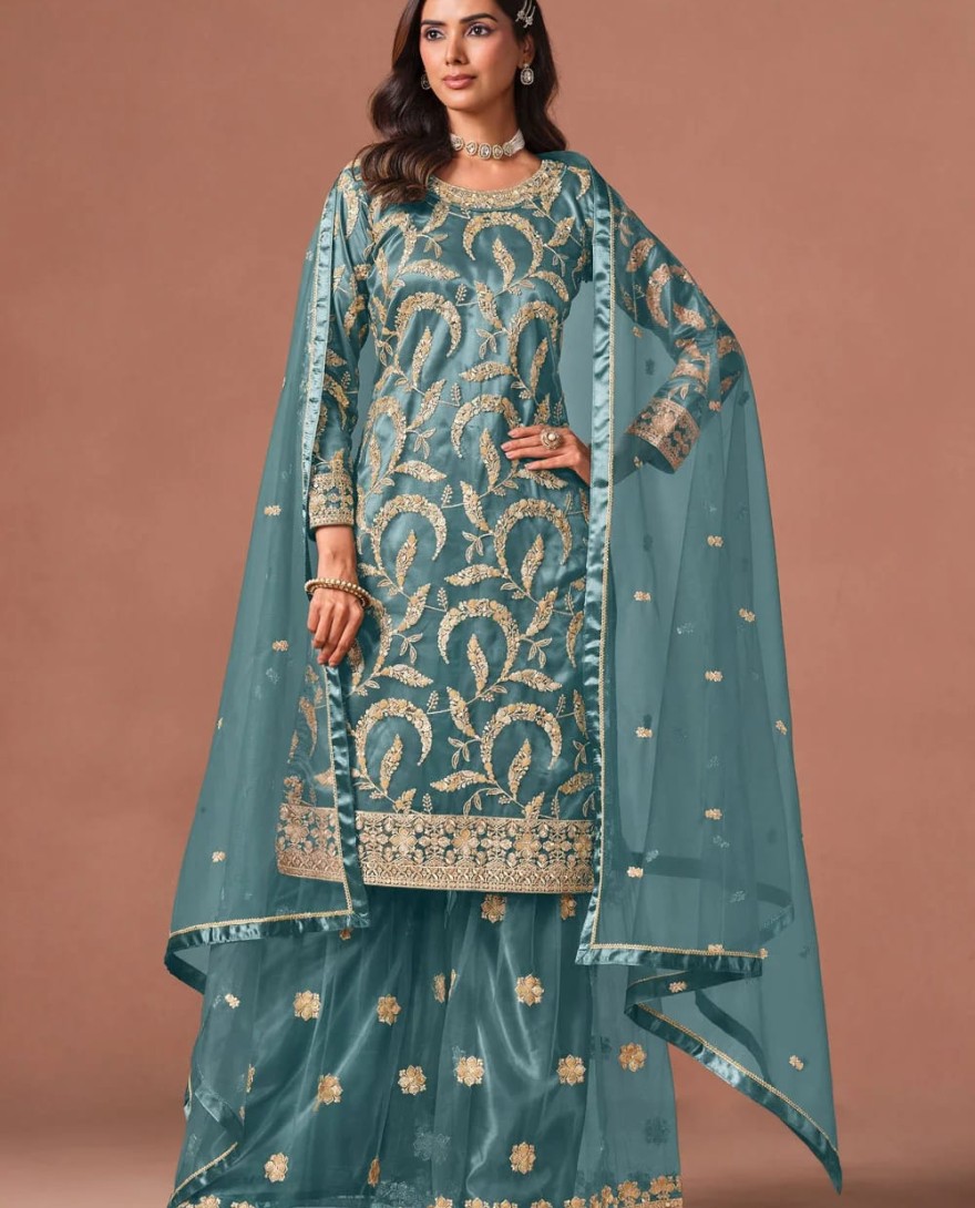 BLUE - Turquoise Net Embroidered, Sequins and Zari Work Salwar Suit