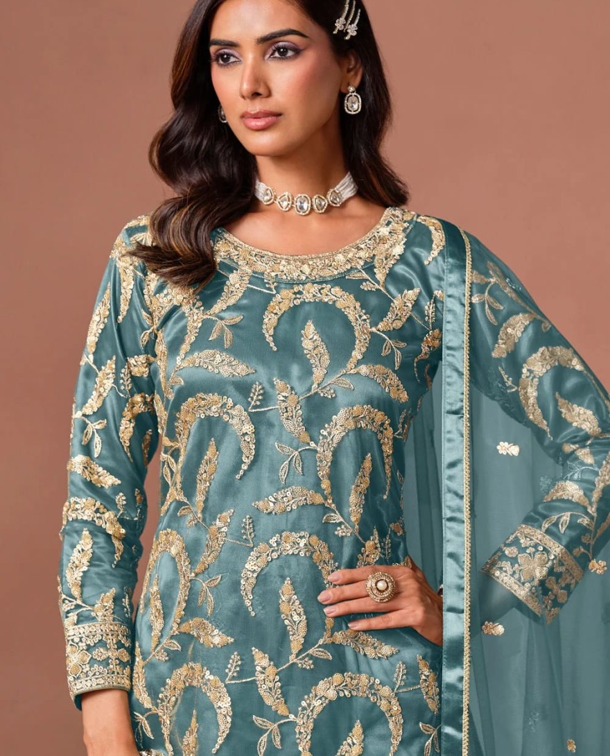 BLUE - Turquoise Net Embroidered, Sequins and Zari Work Salwar Suit