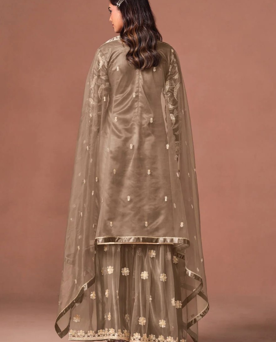 BROWN - Brown Net Palazzo Salwar Suit with Embroidered, Sequins and Zari Work
