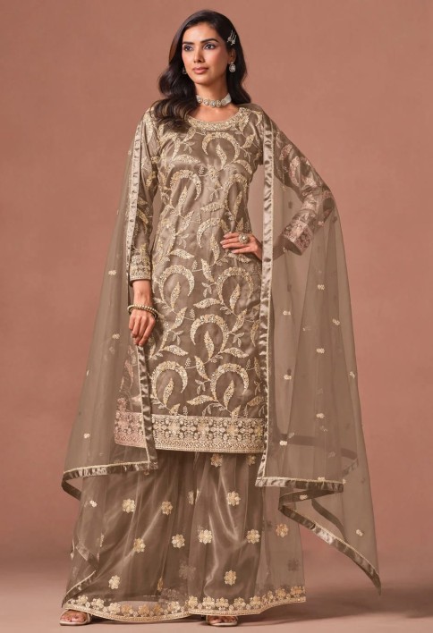 Brown Net Palazzo Salwar Suit with Embroidered, Sequins and Zari Work