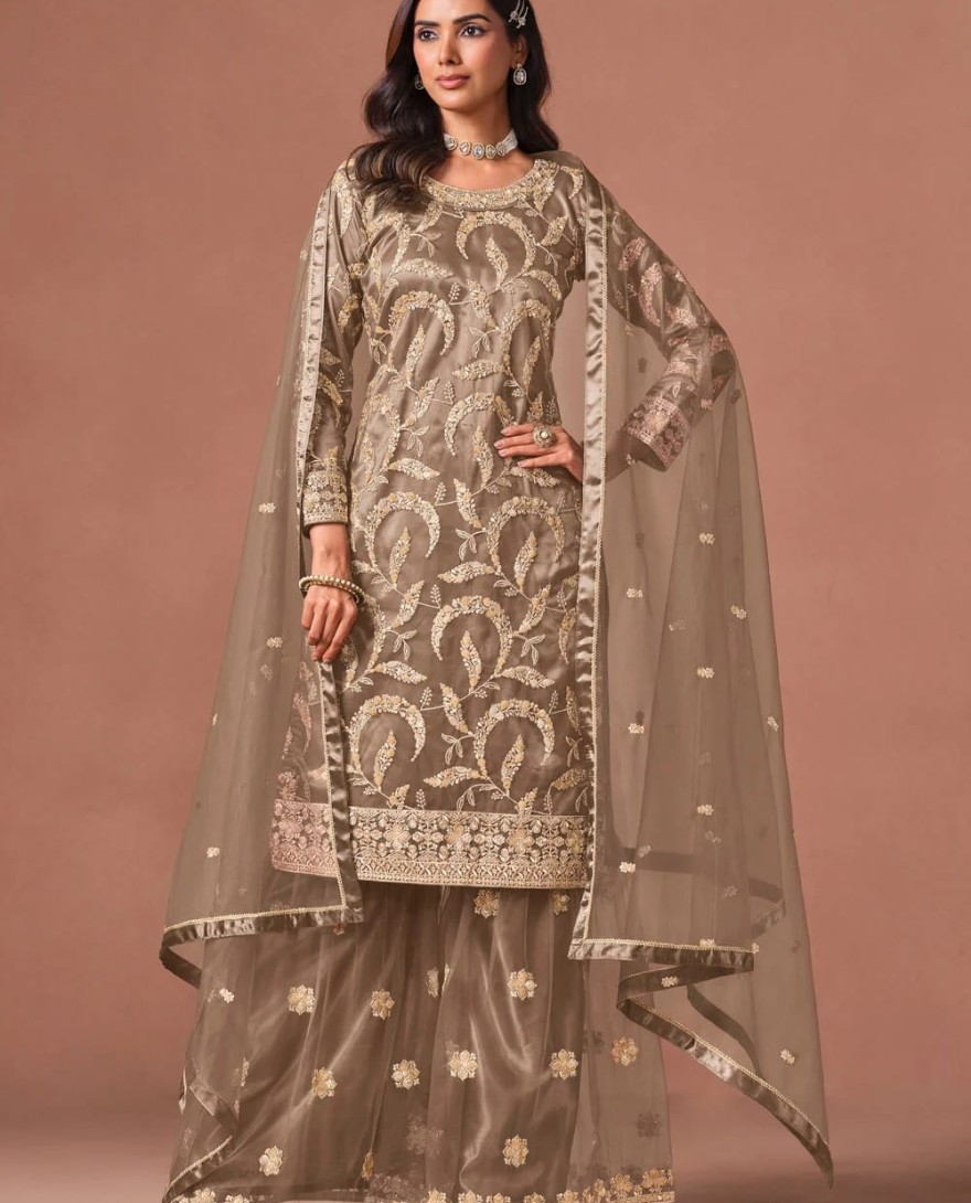 BROWN - Brown Net Palazzo Salwar Suit with Embroidered, Sequins and Zari Work